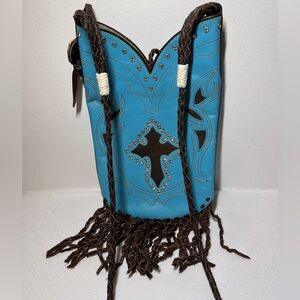 Montana Silversmith Bling Cowgirl Leather Cowboy Boot Cross Purse Fringe, blue